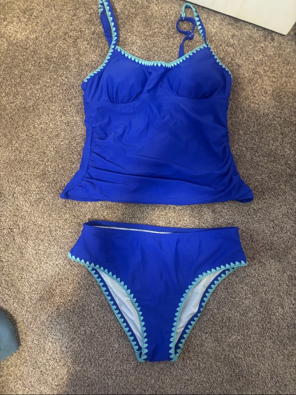 Blue Two-Piece Swim Set with teal blue embroidered  Trim